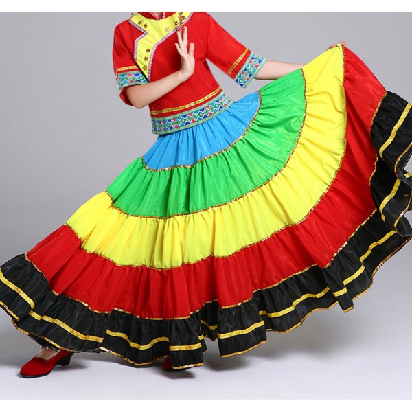 Children girls rainbow flamenco dance skirts paso double spanish bull dance skirts ethnic performance Torch Festival Li nationality colorful big swing skirt for children